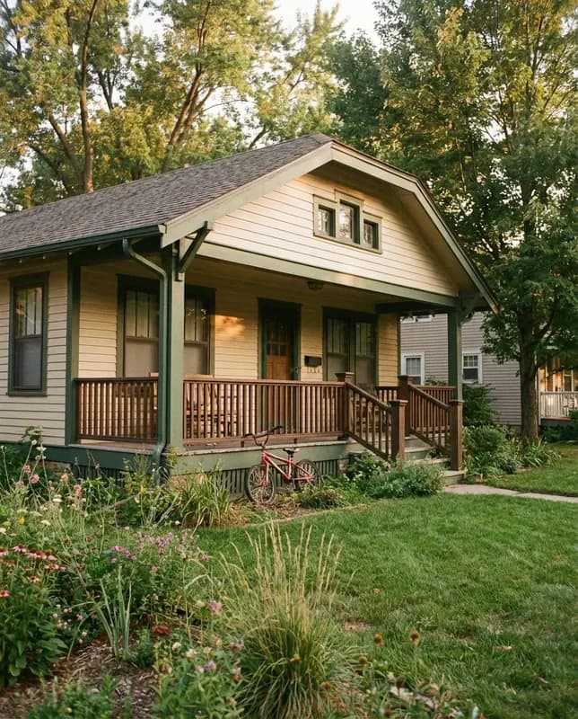 A warm family home at golden hour with a child's red bike on the front porch